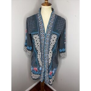 Johnny Was Grey Embroidered Floral Cotton Cardigan Sweater Small S
